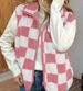 Women's Oversized Checkered Vest | Alpaca Wool Zip-Up Cardigan | Retro Geometric Pattern Layering Piece (Red/Pink/Black/Gray/Green/More))_ecoleips.com