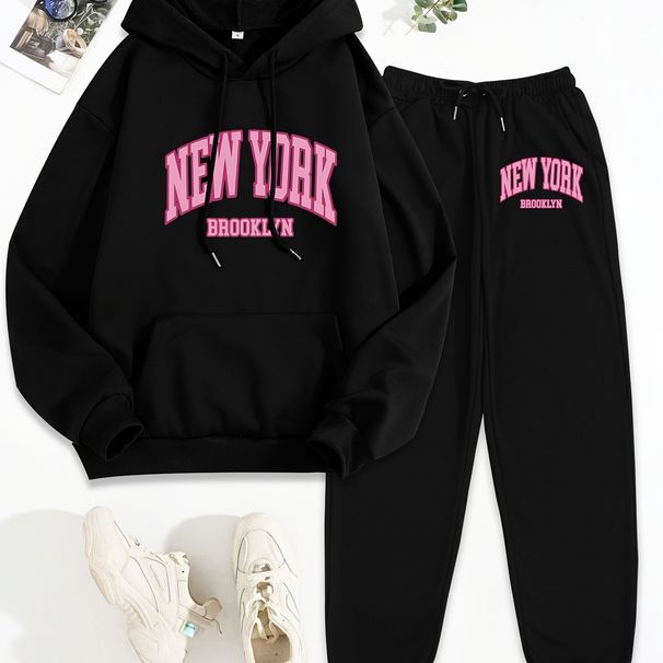 Women's Autumn And Winter Casual Fashion New York Letter Printed Thick Fleece Warm Hooded Sweatshirt+sports Pants Set-731_ecoleips.com