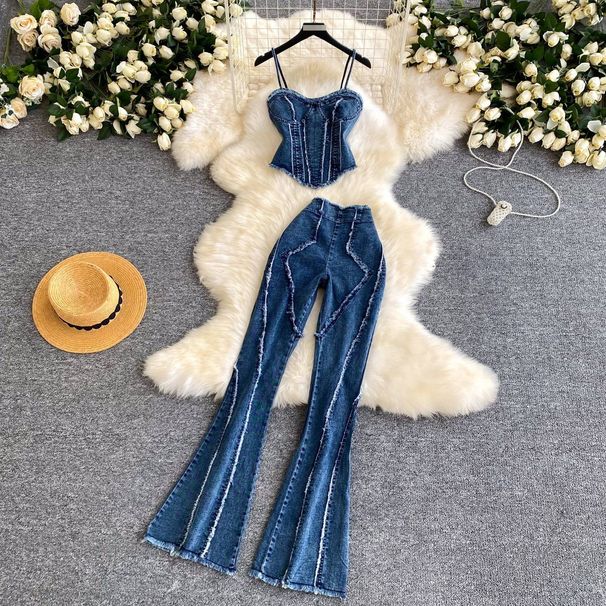 Trendy Denim Two-Piece Set For Women - High Waist Skinny Jeans & Strappy Top - Sexy Cowgirl Outfit (Blue, S/M/L/Xl)_ecoleips.com