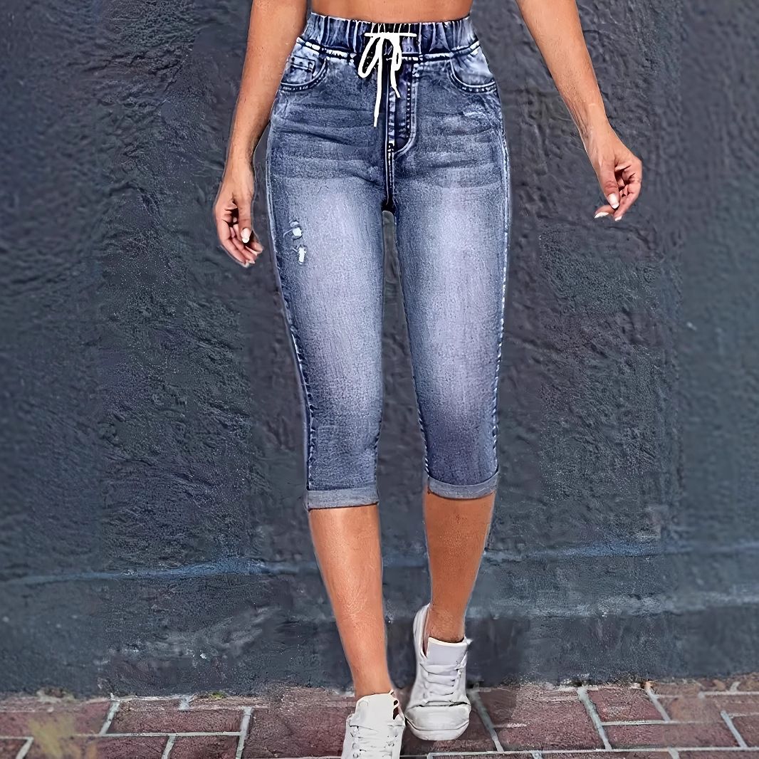 Women’S Distressed Stretch Capri Jeans – Streetwear Style With Drawstring Waist & Ripped Details_ecoleips.com