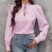 Women's Clothing Half Open Collar Tie Pullover Long Sleeved Temperament Commuter Striped Shirt_ecoleips.com