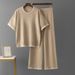 Summer Knit Two Piece Set for Women Simple Loose Short Sleeved Knit Top And Wide Leg Pants Cross Border Style_ecoleips.com