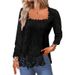Elegant Long Sleeve Lace T-Shirt For Women - U Neck & Square Neck Blouse With Floral Embroidery Detail, Comfortable Stretch Fabric_ecoleips.com
