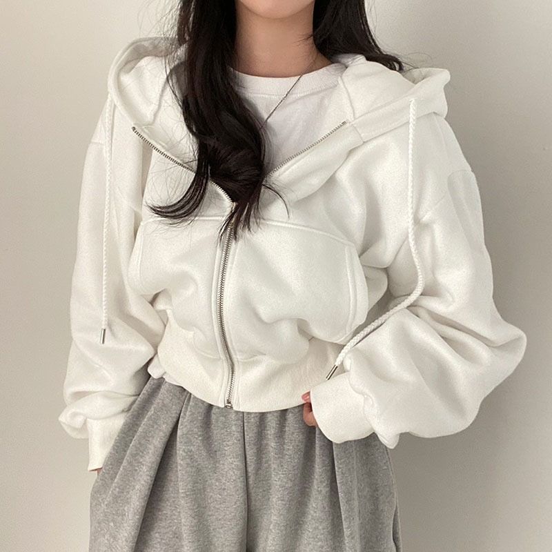 Zipper Hooded Short Sweater Jacket Women's Korean Ins2025 Autumn And Winter Loose Fashion Solid Color Lazy Top 6 Colors_ecoleips.com