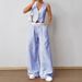 Women's Clothing Ready Stock Summer Elegant Striped Sleeveless V Neck Vest + Waist Contrast Color Trousers Two Piece Set_ecoleips.com