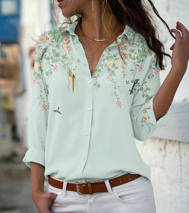 Women's Long Sleeved Single-Breasted Shirt Loose Lapel Printed Top Temperament Lady Blouse_ecoleips.com