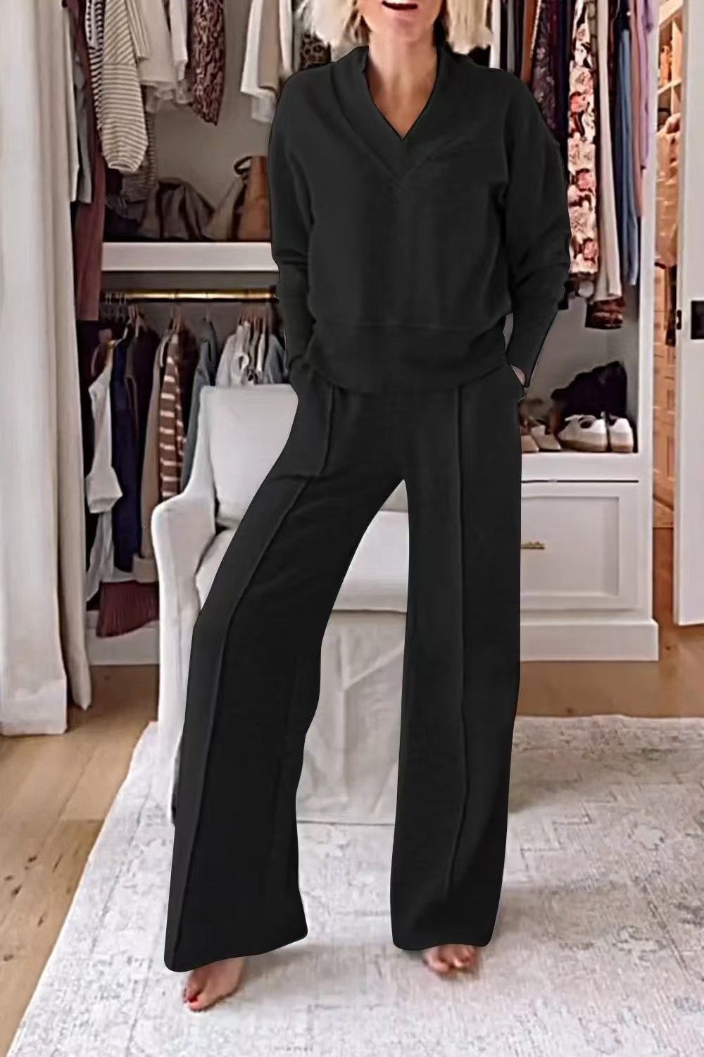 Autumn And Winter V-Neck Long Sleeve Loose Solid Color Women's Fashion Slacks Suit_ecoleips.com