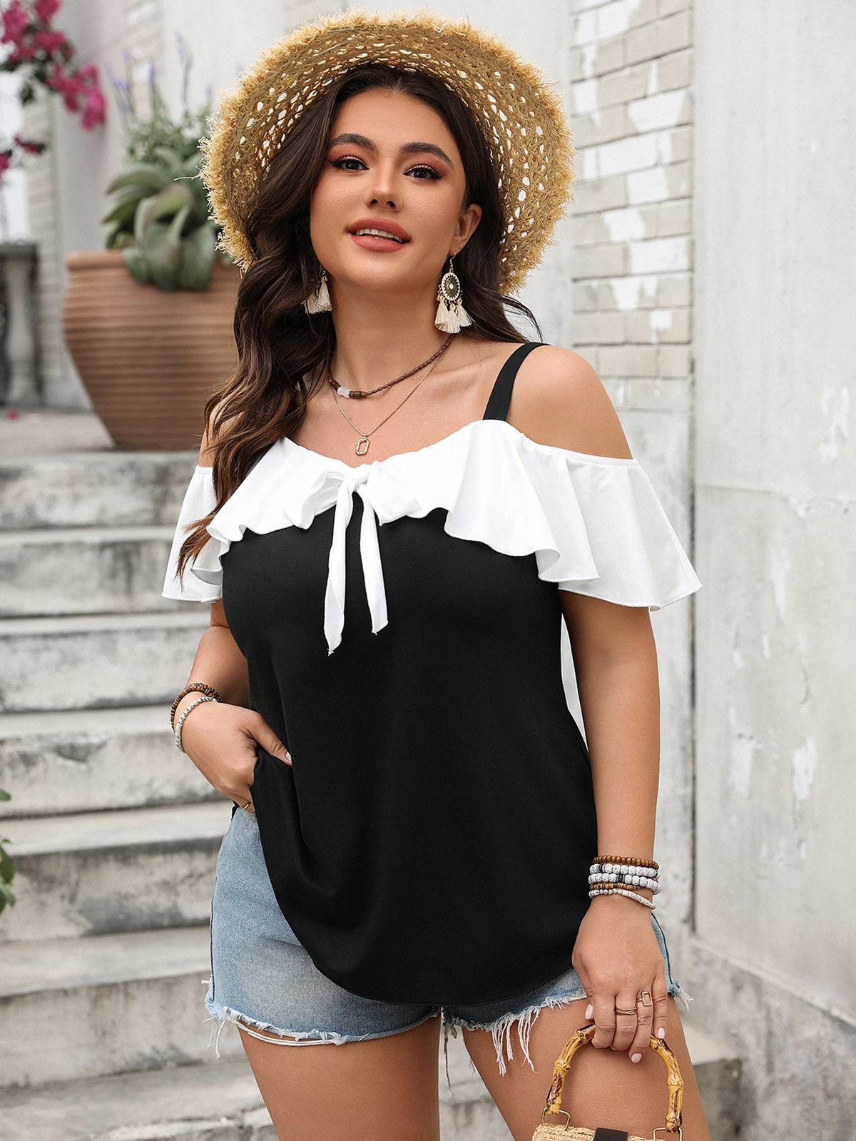 Women's Clothing Off Shoulder One Shoulder Neck Lotus Leaf Sleeve Suspender Short Sleeve_ecoleips.com