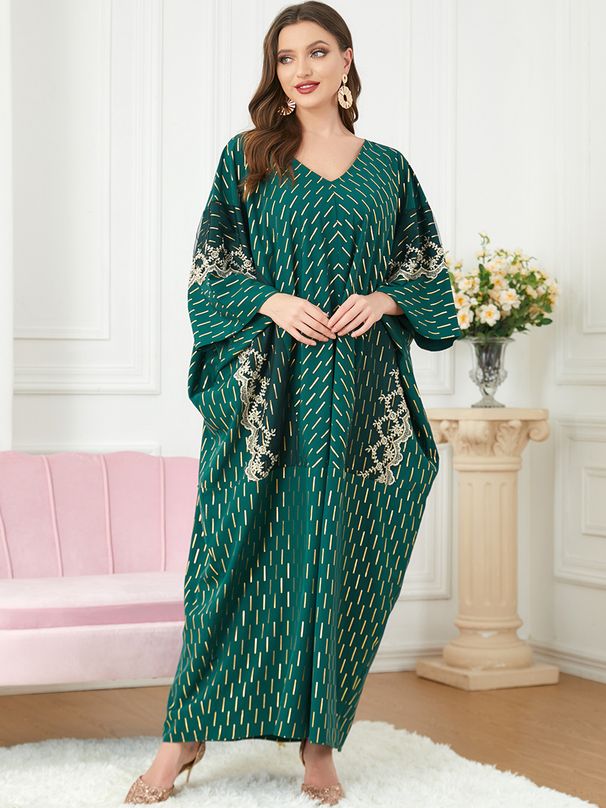 Modest Luxury Abaya Dress Gold Embroidery & Batwing Sleeves (Breathable Polyester, Versatile One-Size Flow For Prayer & Evening Gatherings)_ecoleips.com