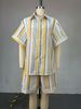 Sweet Striped Short Sleeve Shirt & High Waist Straight Shorts Set - Autumn Casual Outfit For Women_ecoleips.com