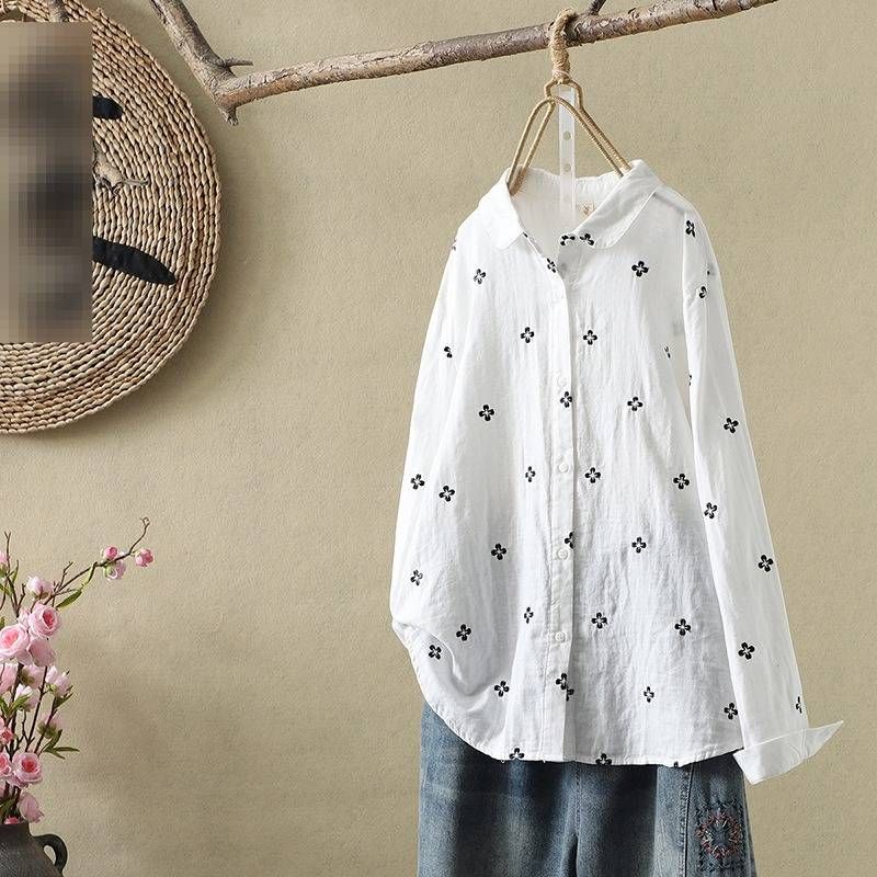 Bohemian Embroidered Cotton-Linen Blouse – Floral Lace Trim & Relaxed Fit (M-L, White, Versatile For Work & Weekend)_ecoleips.com