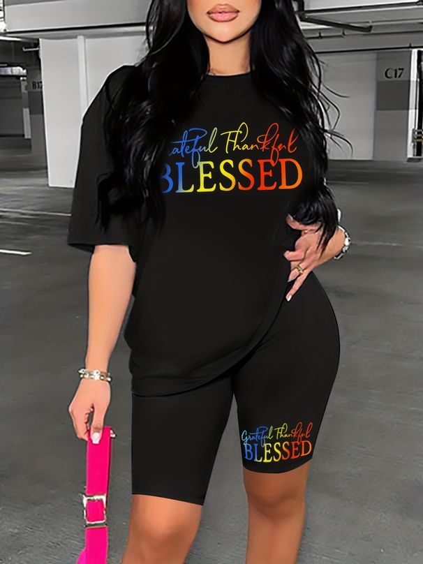 Summer Women's Casual Fashion Letter Graphic Print Loose T-shirt Shorts Two-piece Set Sportswear Suitable For Daily Wear-149_ecoleips.com