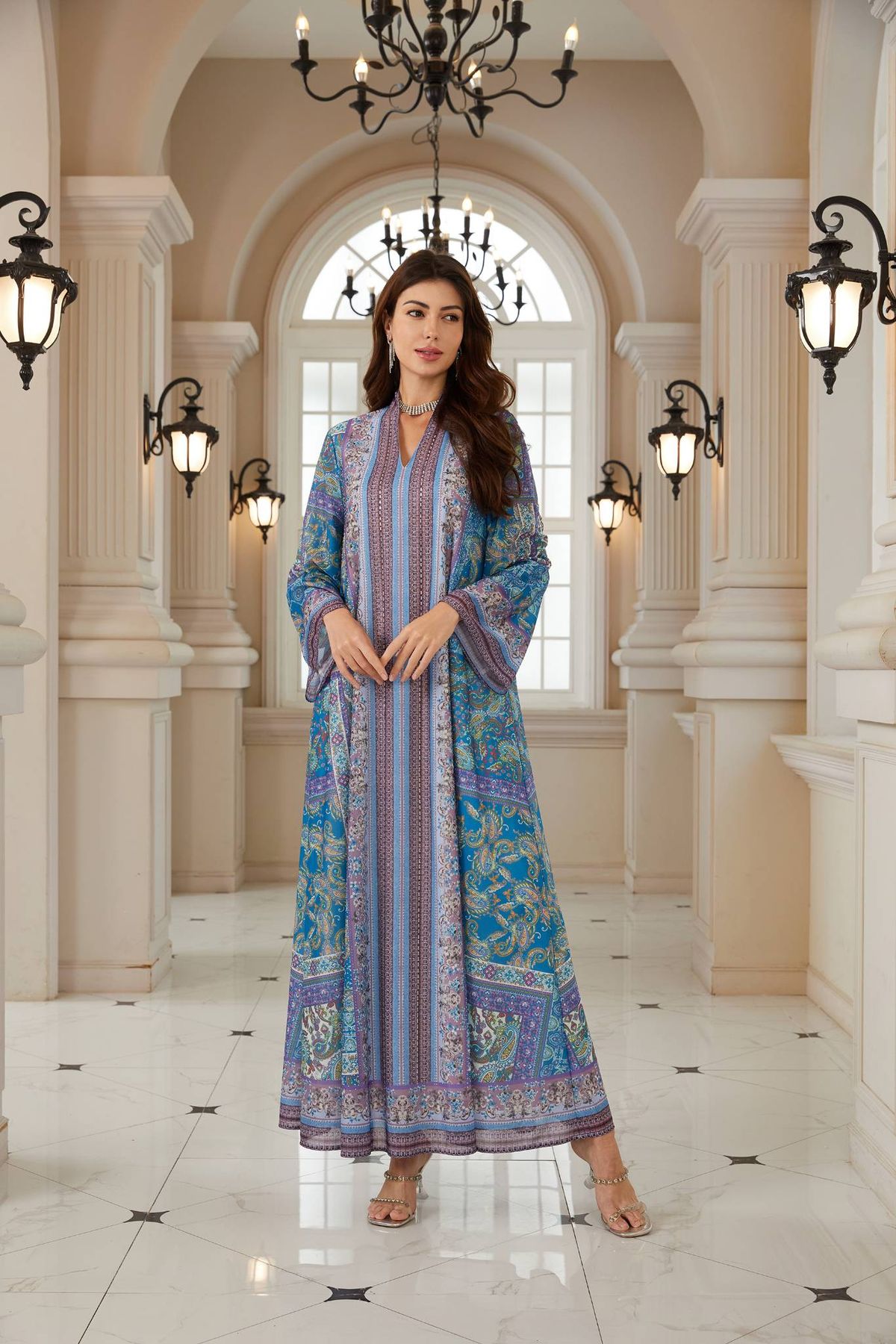 New Dubai Style Printed & Rhinestone Fashion Ethnic Style Plus Size Printed Dress_ecoleips.com