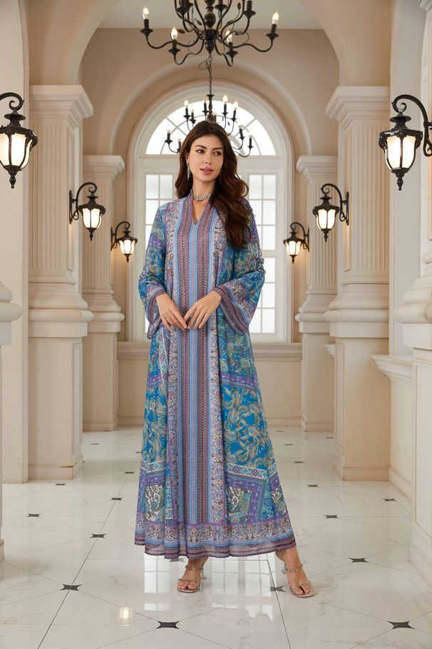 New Dubai Style Printed & Rhinestone Fashion Ethnic Style Plus Size Printed Dress_ecoleips.com