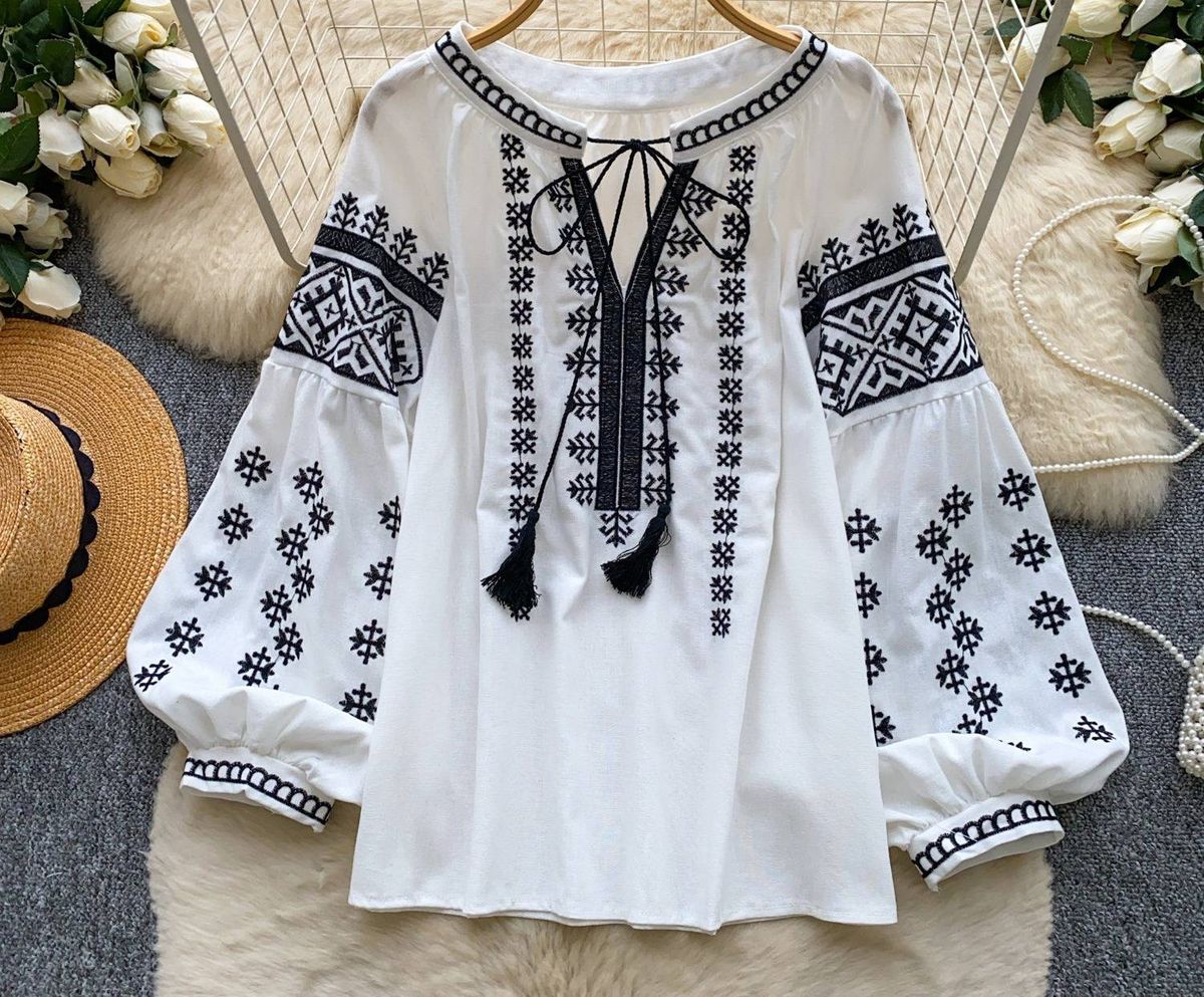Women's Retro Embroidered Ethnic Style Shirt Skin Friendly Breathable Loose Fit Slimming Tie Waist Lantern Sleeves Long Sleeves Commuter Top_ecoleips.com