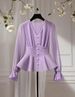 Curvy Women Solid Sheer Chiffon Blouse, V Neck Pearl Buttons Puff Long Sleeve Shirt With Ruffle Cuffs For Daily Outing_ecoleips.com