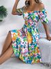 Spring Summer Square Collar Floral Mid-Length Dress Women's Casual Print A-Line Dress_ecoleips.com