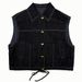 Lino Early Autumn New Korean-style Turn-down Collar Patchwork Denim Vest For Women 2025, Hem-tied Sleeveless Top Jacket,_ecoleips.com