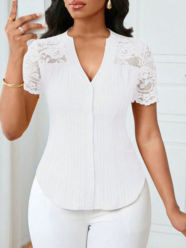 K Fashionable And Versatile Single Breasted Solid Color Slim Fit Embroidered Hollow Short Sleeved Top_ecoleips.com