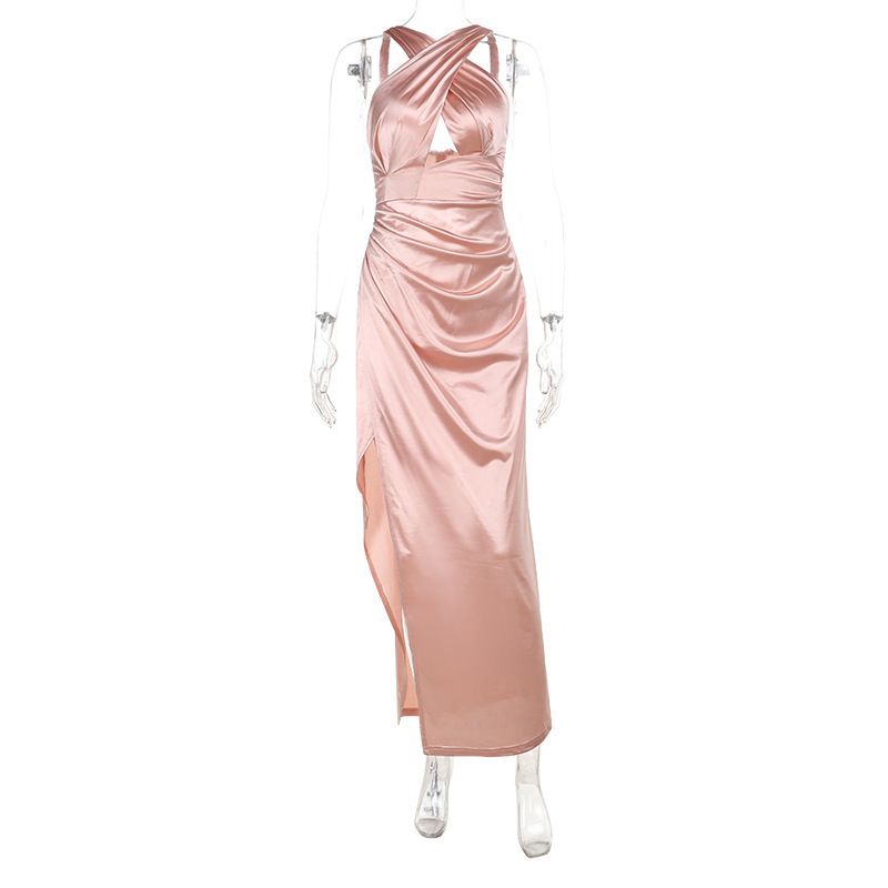 Crisscross Halter Cutout Slit Maxi Dress – Sexy A-Line Evening Gown (Champagne Pink, XS-L, Stretchy & Breathable For Parties & Vacations)_ecoleips.com
