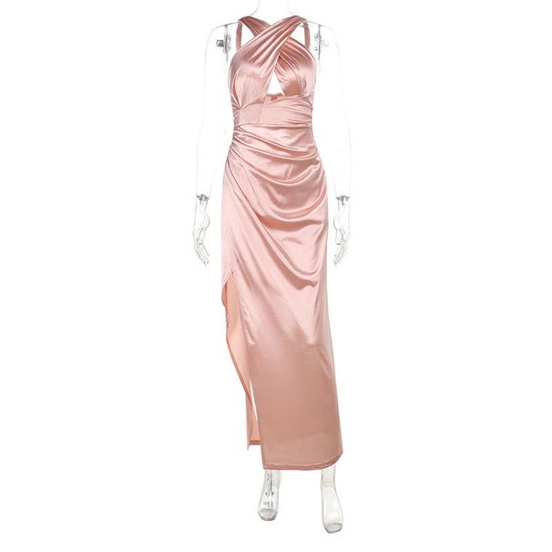 Crisscross Halter Cutout Slit Maxi Dress – Sexy A-Line Evening Gown (Champagne Pink, XS-L, Stretchy & Breathable For Parties & Vacations)_ecoleips.com