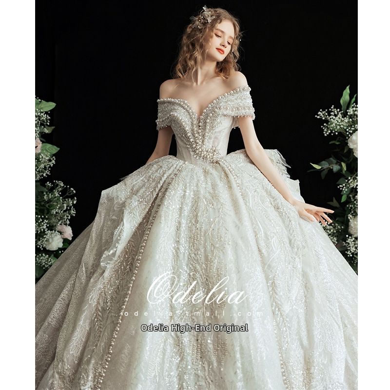 Odelia's Pearl Court Style Long Train Wedding Dress off the Shoulder Design Luxurious Embellished Elegant Bride Women's Clothing_ecoleips.com