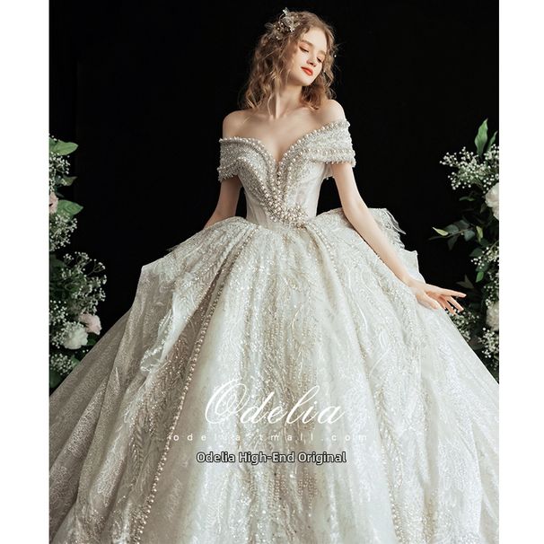Odelia's Pearl Court Style Long Train Wedding Dress off the Shoulder Design Luxurious Embellished Elegant Bride Women's Clothing_ecoleips.com