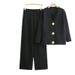 Cross new V neck single breasted metal button cardigan top wide leg pants knitted versatile two piece suit_ecoleips.com