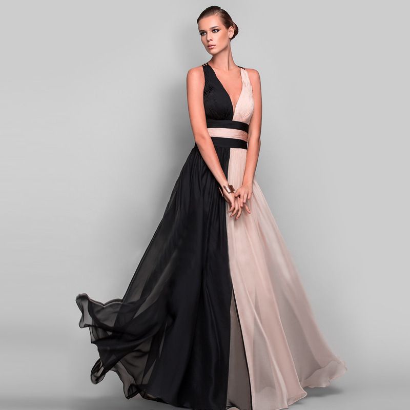 2025 Women's New Chiffon Color Block Evening Sleeveless V-neck Patchwork Long Dress_ecoleips.com