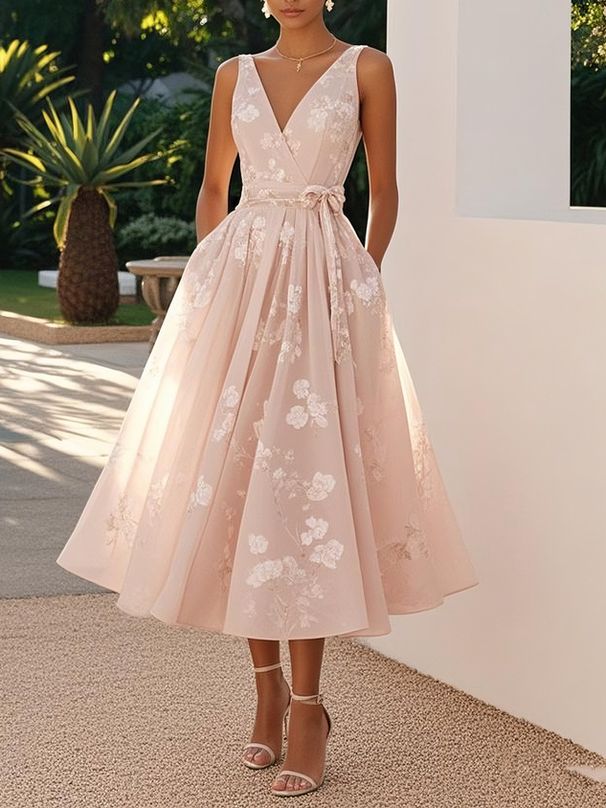 2025 European And American Women's Evening Dress, Sleeveless Vest V-Neck Digital Print Dress_ecoleips.com