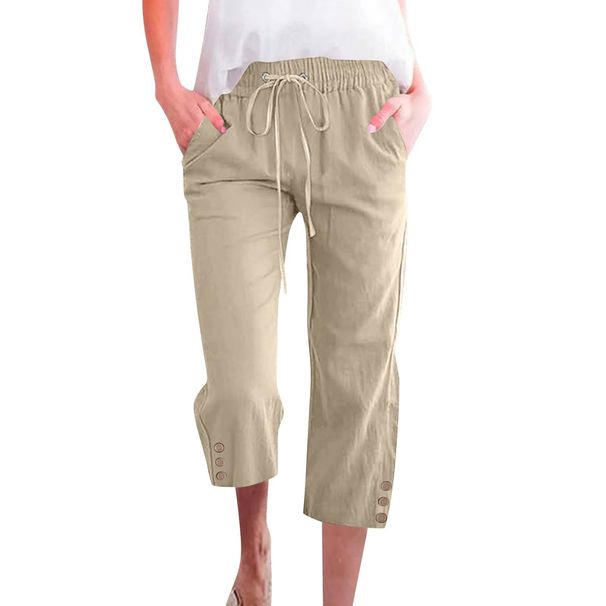 Women's High Waist Capri Pants Spring/Summer Solid Color Cotton Linen Loose Fit Drawstring Casual Trousers_ecoleips.com
