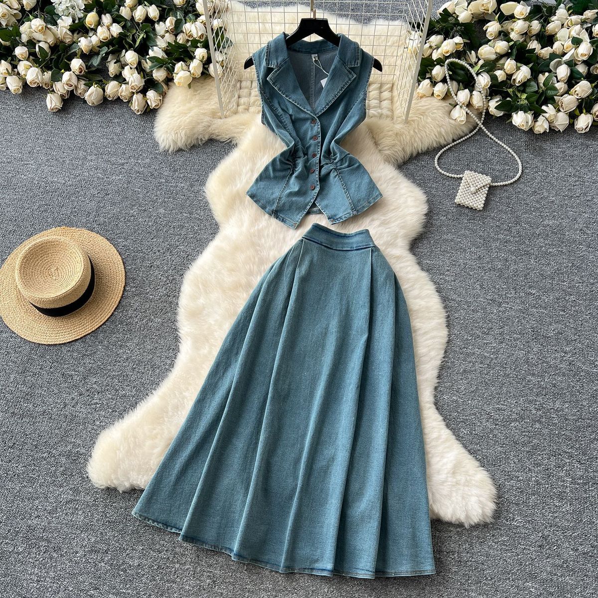 Women’s Clothing French Style Age Reducing Suit For Women In Summer, Light Mature Style, Pleated Waist, Lapel Sleeveless Denim Top + High Waist Skirt_ecoleips.com