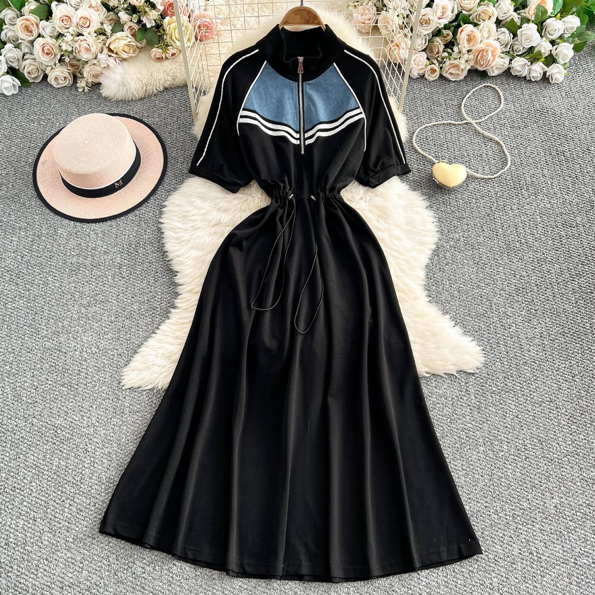 Women's Clothing Half Zipper Stand Collar Sweater Waist Slim Swing Mid Length Dress_ecoleips.com