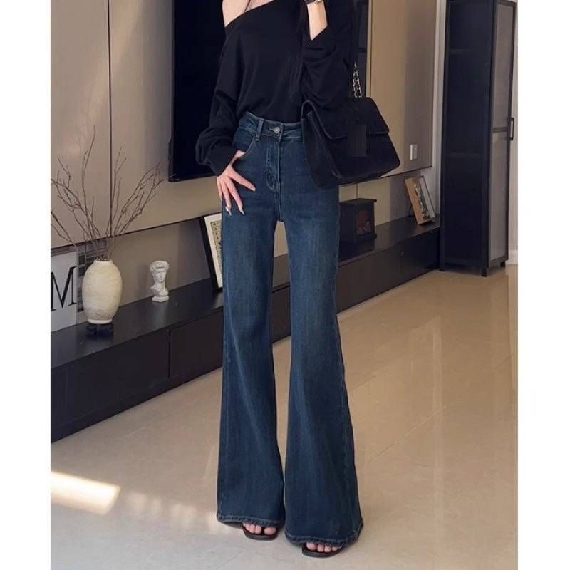 Women's Clothing Retro High-Waisted Flared Jeans Blue Fleece Lined Thick Warm Slimming Denim For Winter Not Clingy England Style Fashion_ecoleips.com