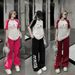 Women's American Retro Style Summer Sports Two Piece Set High Waisted Jogger Pants Loose Short Sleeved Trendy Outfit_ecoleips.com