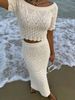 Women's Off Shoulder Knit Two Piece Outfit, Short Sleeve Cropped Top & High Waist Midi Skirt Set_ecoleips.com