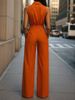 Women's Clothing Sleeveless Jumpsuit, V-Neck Wide Leg Romper In Vibrant Orange For Casual Outings_ecoleips.com