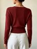 Burgundy Wine Deep V Wrap Pit Rib Knit Sweater, Loose Lightweight Breathable Soft Skin-touch Long Sleeve Slim Waist Pullover_ecoleips.com