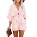 Women's Clothing Slim Waist Striped Jumpsuit For Women Deep V Flared Sleeve Three Quarter Pants_ecoleips.com