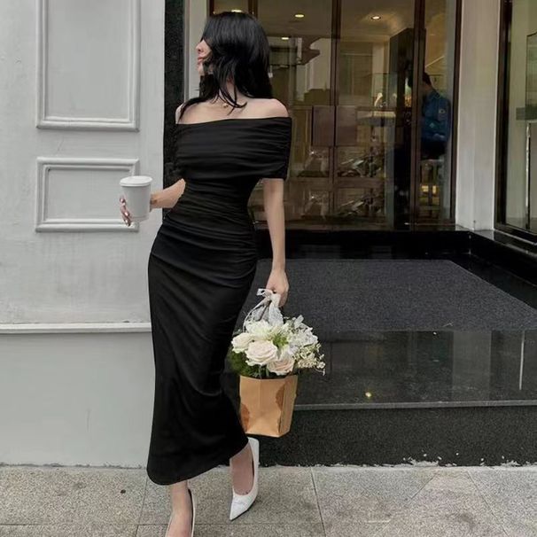 2024 Spring European And American Off-Shoulder Ruched Slim Fit Flattering Slit Base Long Dress_ecoleips.com