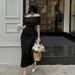2024 Spring European And American Off-Shoulder Ruched Slim Fit Flattering Slit Base Long Dress_ecoleips.com