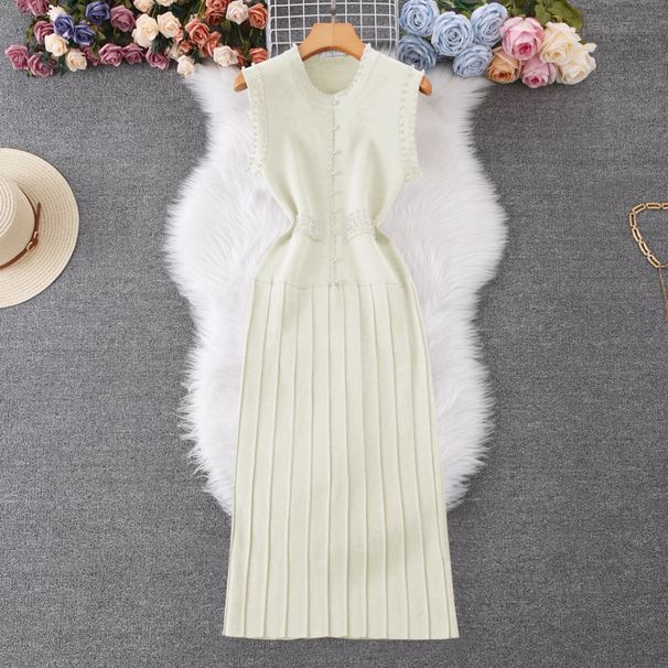 Women's Clothing Sleeveless Knitted Dress For Women Summer Style Heavy Beading Design Round Neck Straight Skirt_ecoleips.com