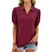 Women's Oversized V-Neck Polo Shirt Puff Sleeves Summer Knit Top Breathable Cotton Blend_ecoleips.com