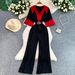 Elegant French-Inspired V-Neck Short Sleeve Jumpsuit With Contrast Color & Waist Belt - Flowy Wide Leg Pants For Women, Summer Retro Chic Outfit_ecoleips.com