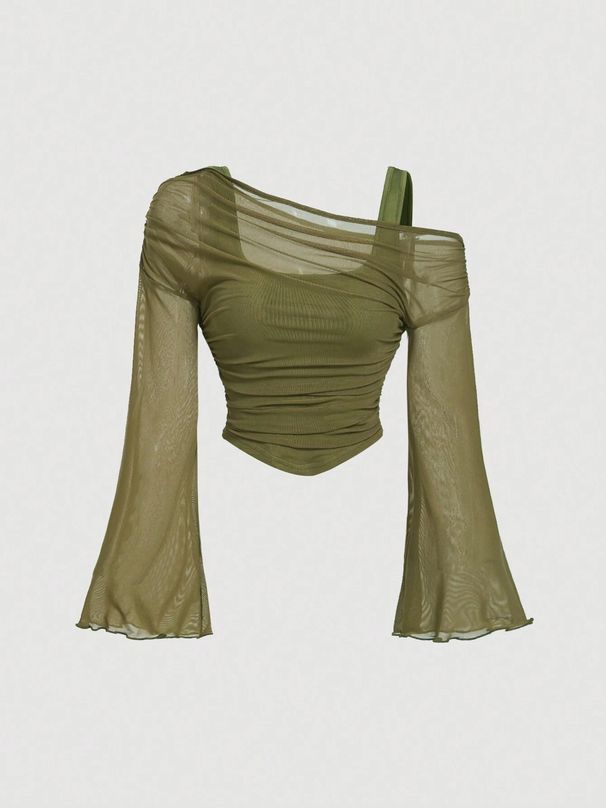 European And American Cross-border Sexy Mesh Neck Ruched Long-sleeve T-shirt, Feminine Elastic Slim-fit Short Top With_ecoleips.com