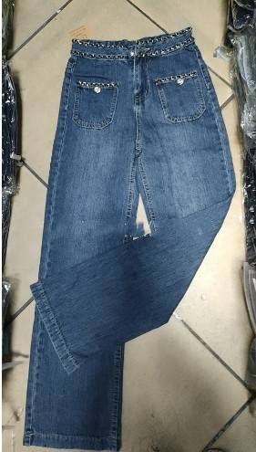 Women's Clothing Fashion Brand Heavy Duty Double Layer Chain High Waist Wide Leg Pants Jeans For Women Light Blue_ecoleips.com