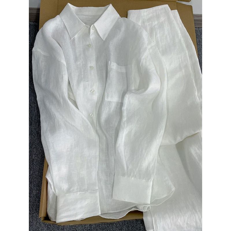 Women's Linen-Blend Polo Shirt & Wide-Leg Pants Set – Breathable Summer Outfit In Beige, White & Navy | Relaxed Fit With Korean Aesthetic_ecoleips.com