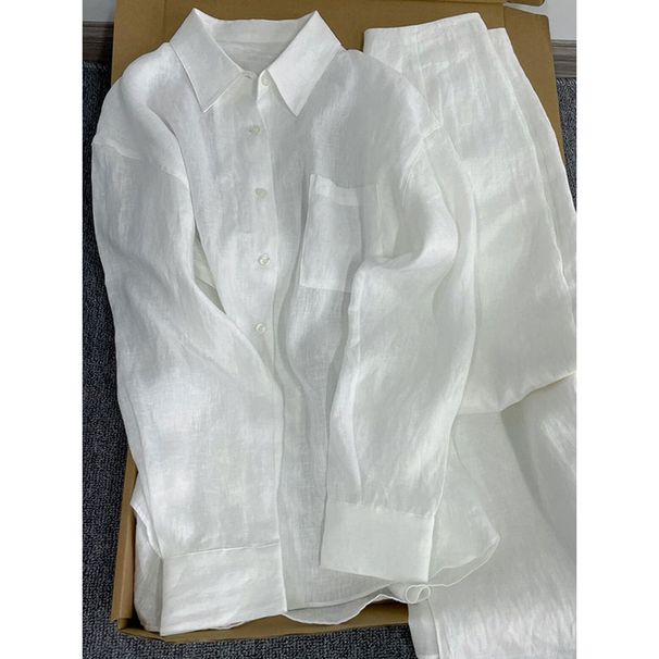 Women's Linen-Blend Polo Shirt & Wide-Leg Pants Set – Breathable Summer Outfit In Beige, White & Navy | Relaxed Fit With Korean Aesthetic_ecoleips.com