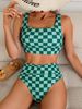 High-End Colorblock Bikini Set – Sexy Checkered Print Swimwear With Removable Padding & High Elasticity (S-XL, Quick-Dry Polyester)_ecoleips.com