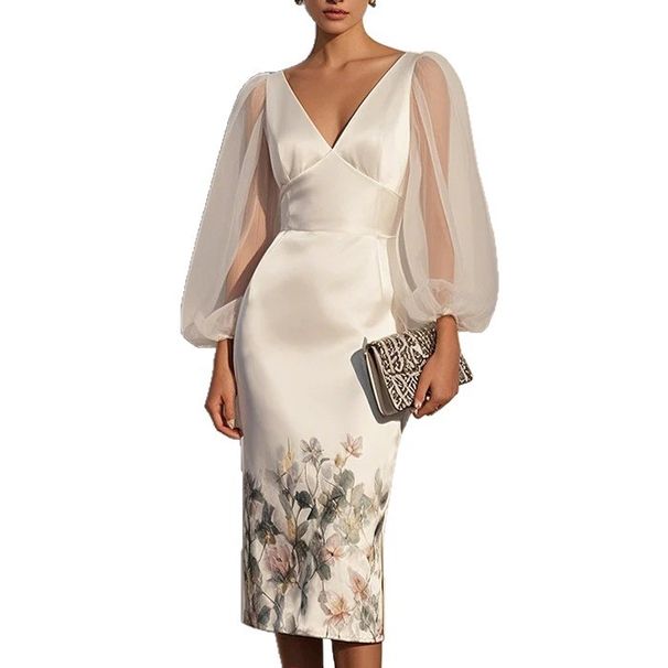 Women's Mesh Patchwork V Neck Digital Print Dress European American Style Fashion Clothing_ecoleips.com